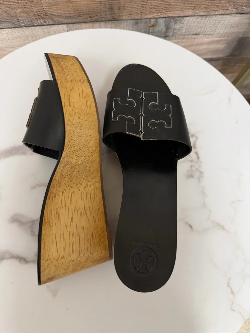 Tory Burch Black Leather Wooden Wedge Sandals